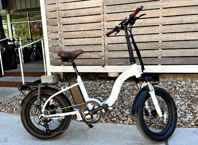 Mod Bikes City Folding Ebike Side Profile featuring suspension battery rear rack cassette suspension gel seat adjustable stem handlebars