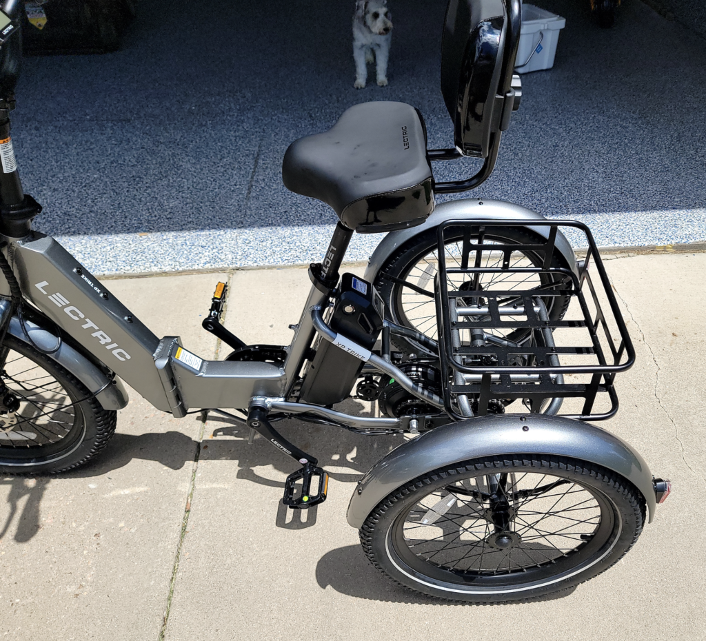 Lectric XP Trike rear basket and tire with battery